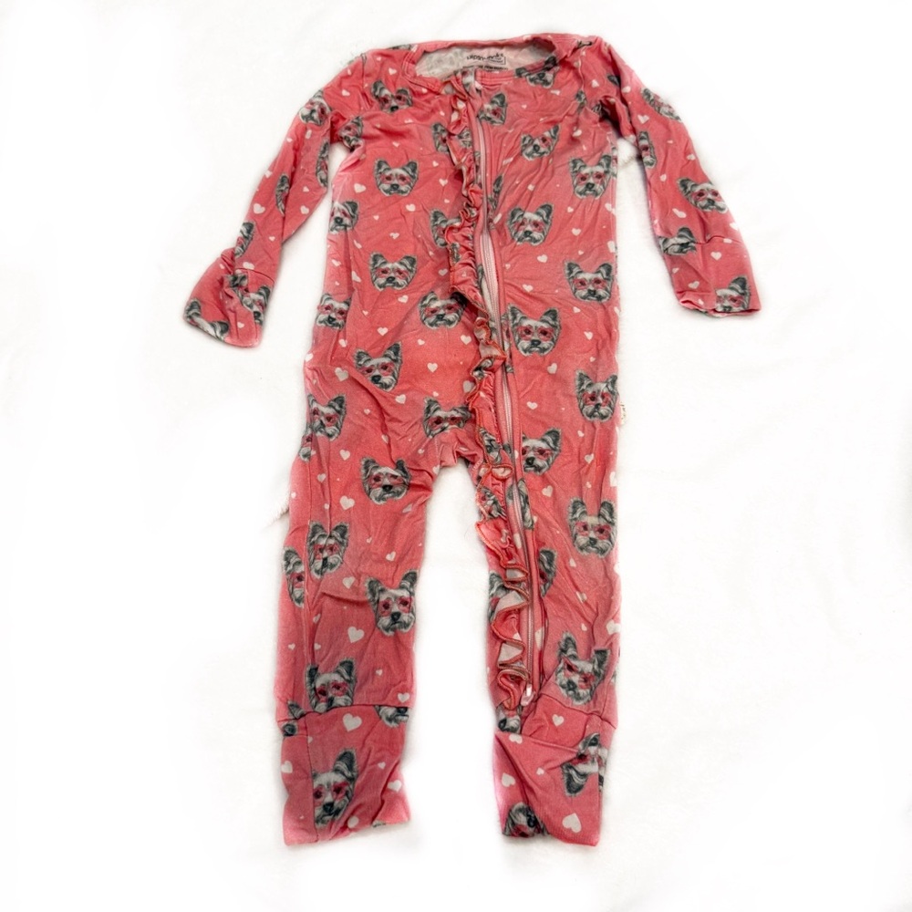Pipsqueaks Piper Pink Yorkie Dog Bamboo‎ Footie Ruffle Butt Stretchy Pajamas